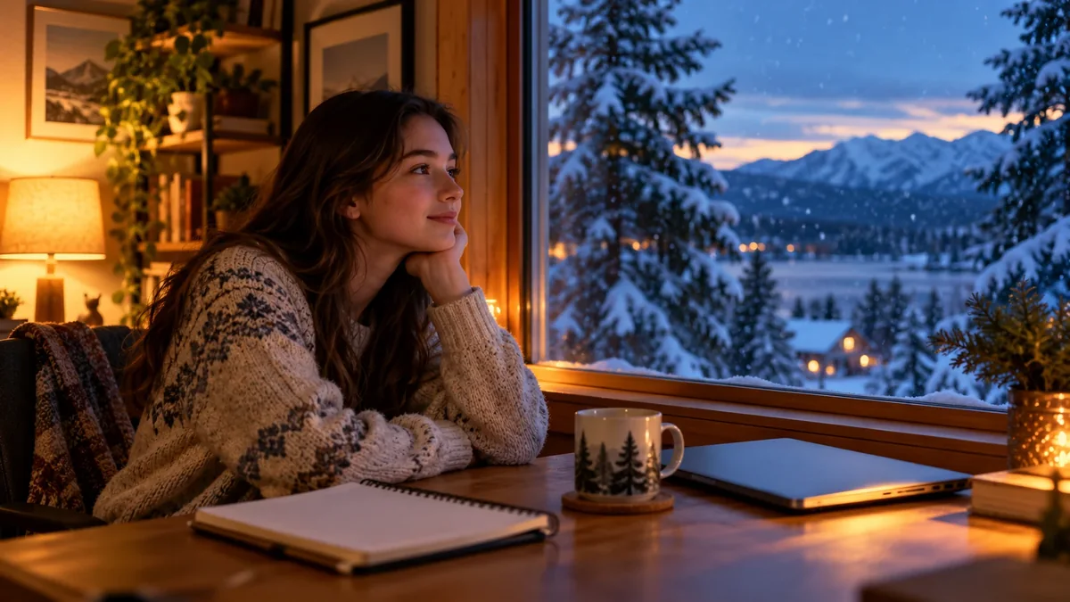 A teenager in a cosy sweater looks out at falling snow from her desk, a closed laptop beside her.