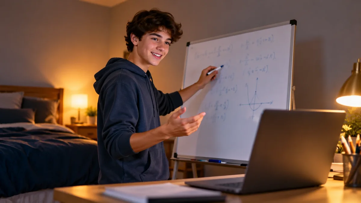 A smiling teenager stands at a whiteboard in his bedroom, explaining a Math solution to his online class.