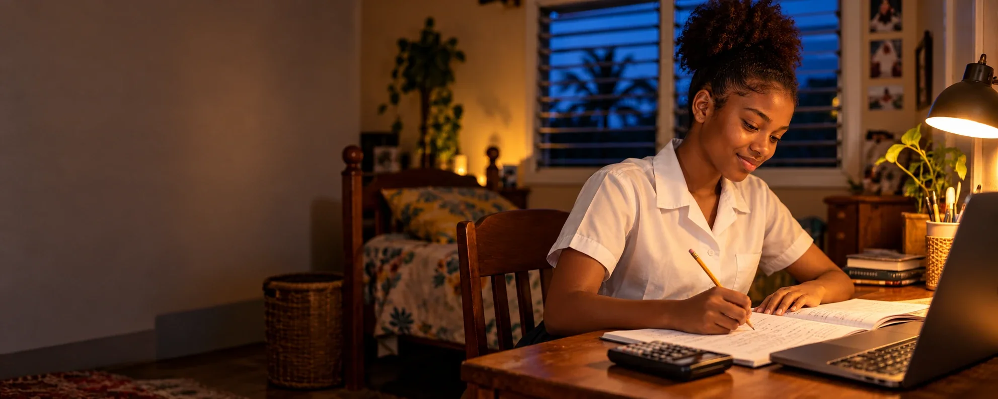 A Caribbean high-school student smiles as she works through a Math problem at her desk in the evening.