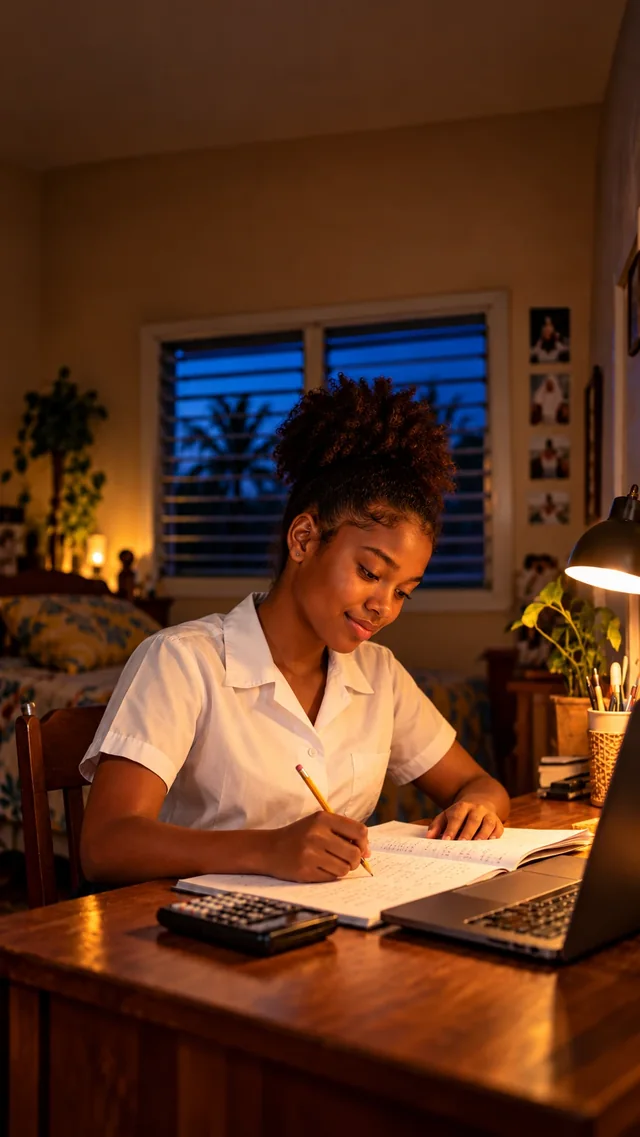 A Caribbean high-school student smiles as she works through a Math problem at her desk.