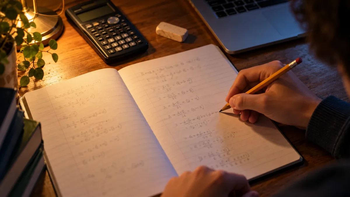 A student's hand writes neat step-by-step working in an exercise book beside a calculator, under a warm desk lamp.