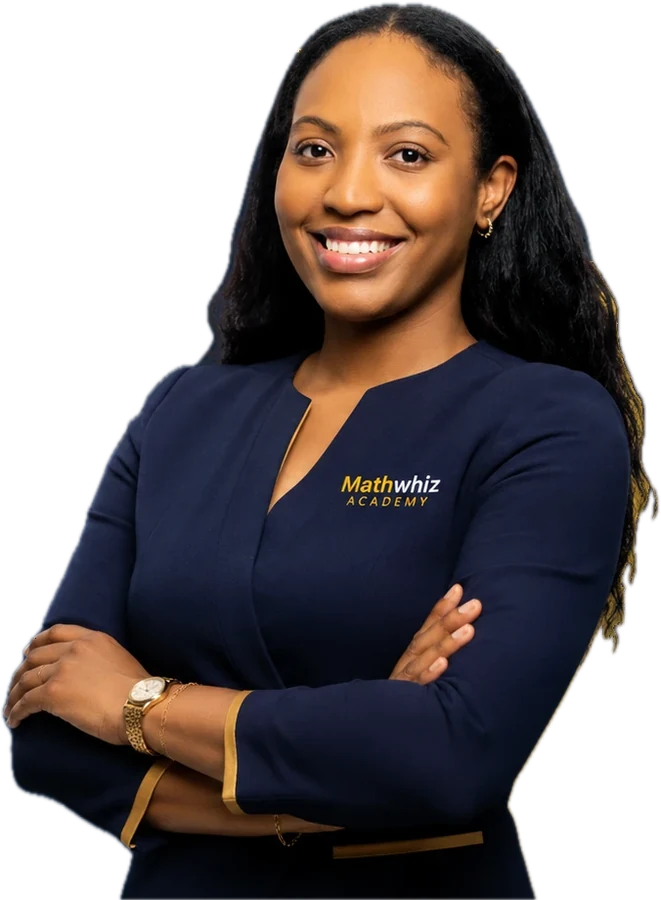 Mikiela Campbell in a navy Mathwhiz top with arms folded.