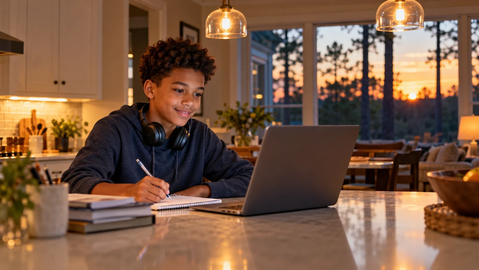 A North Carolina student smiles while learning Math online at his kitchen island at sunset.