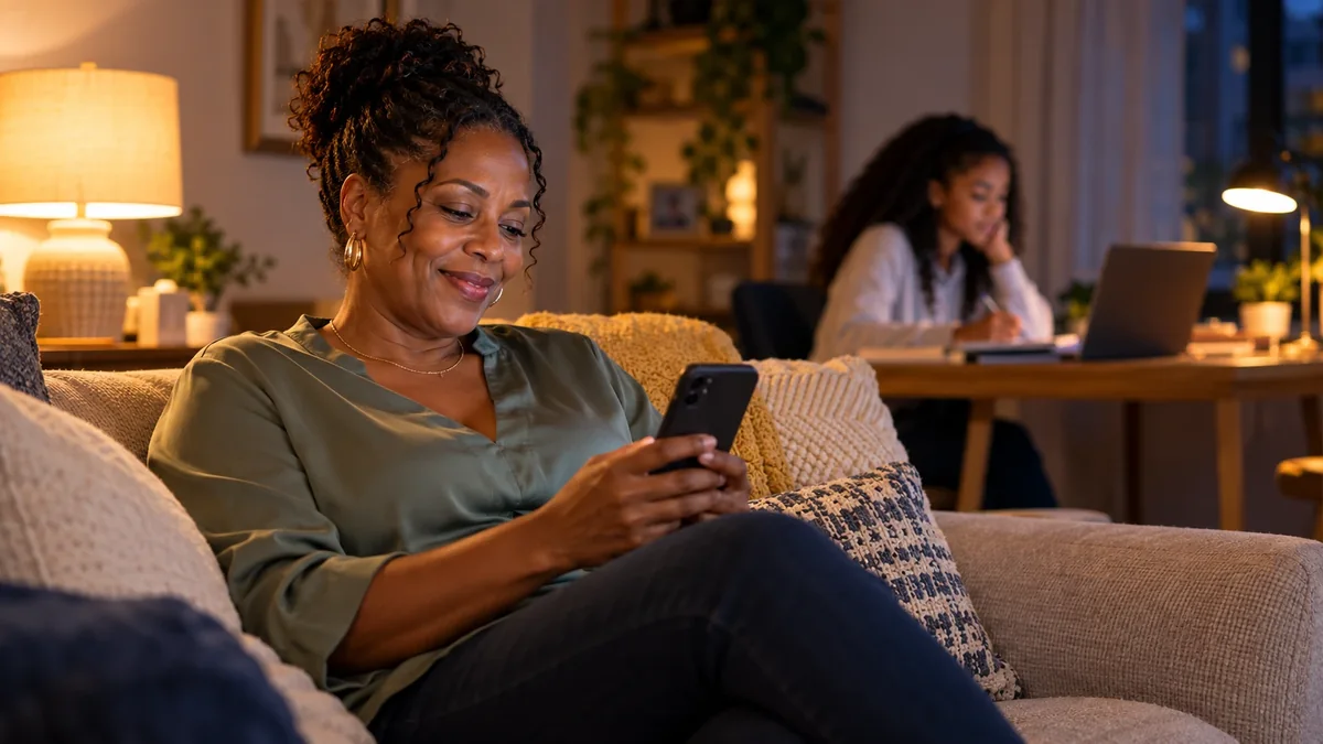 A mother smiles at her phone on the sofa while her daughter studies at a laptop in the background.